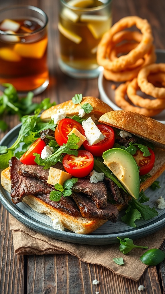 A delicious steak sandwich with salad greens, tomatoes, avocado, feta, and crispy onion rings on a wooden table.
